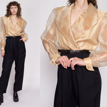 Large 80s Organza Two Tone Jumpsuit | Vintage Gold Black Sheer Sleeve Collared Pantsuit 