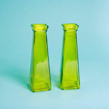Set of 2 Vintage 80s Bright Lime Green Clear Glass Tall Vase 