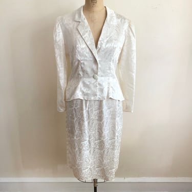 Ivory Satin Damask Two-Piece Skirt Suit - 1980s 
