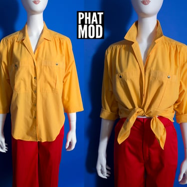 Vintage 80s Golden Yellow Snap Front Shirt with Chest Pockets 