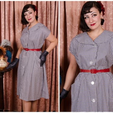 1950s Dress - Vintage 50s Volup Day Dress in Crisp Cotton Windowpane Plaid Plus Size XXL 