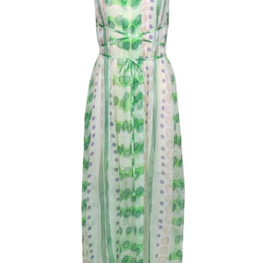Moulinette Soeurs - Green, White &amp; Blue Printed Pleated Silk Maxi Dress Sz S