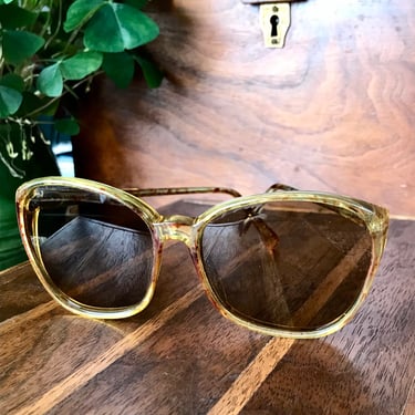 Vintage Oversized Sunglasses Square Side Shield 1970s Made in Korea Yellow Brown Speckle 