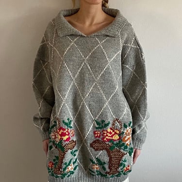 70s handknit sweater / vintage one of a kind hand knit gray rag wool intarsia garden flower basket trellis oversized collared sweater | L 