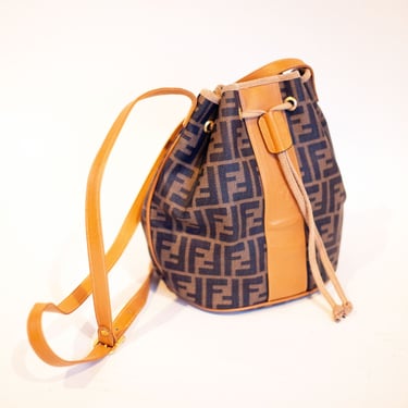 Fendi Zucca monogram canvas & brown leather mini bucket bag pouch