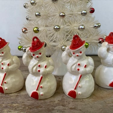 Vintage Rosbro Snowmen Ornaments Lot of 4, Small Plastic Snowmen With Red Accents, Christmas Tree Decor 