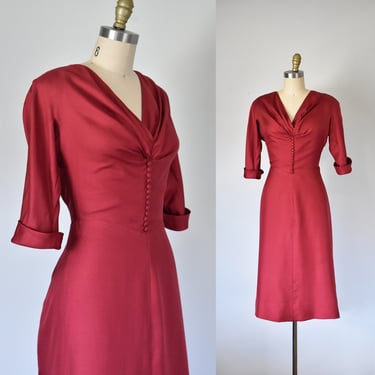 Rose red 1950s dress, 50s silk dress, pinup red dress, women's dresses, 1940s dress 