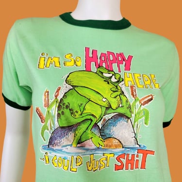ROACH '76 frog t-shirt. Heathered pistachio green ringer tee. Vibrant cartoon graphic heat transfer. 50/50 Novelty vintage tshirt. (M) 