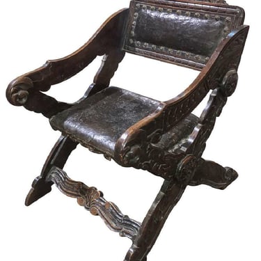 Chair, Gondola Style, Italian Walnut, Carved, Leather, Brown, Vintage / Antique