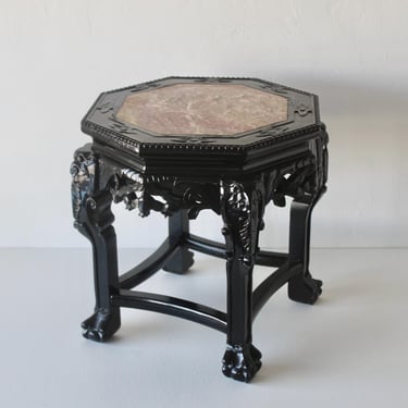 Early 20th Asian Carved Octagonal Hardwood Marble Top Low Stand Side Table Plant Stand 