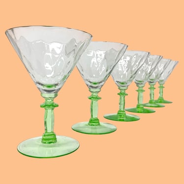 Vintage Martini Glasses Retro 1930s Depression Era + Optic Glass + Tiffin + Green Stems + Glow in Blacklight + Set of 6 + Barware + Drinking 