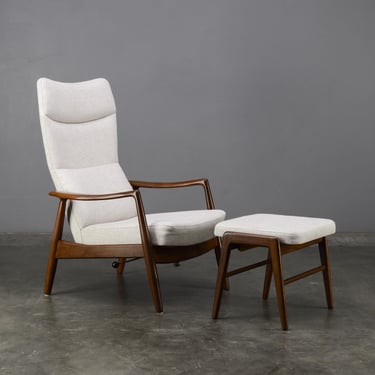 Vintage Danish Modern Recliner and Footstool Set in Ivory Upholstery Mid-Century Modern 