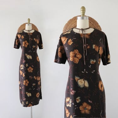 tie back dark chocolate floral dress - s/m - vintage womens y2k 90s dark floral size small medium spring summer short sleeve long maxi dress 