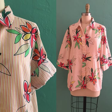 vintage 70's floral print top // spring short sleeve blouse 
