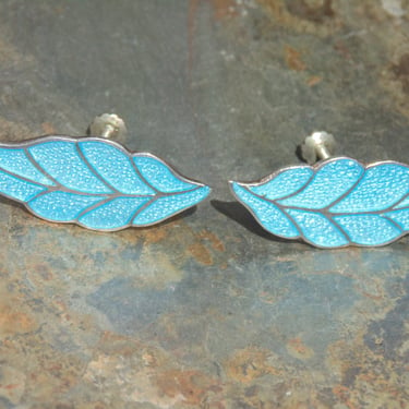 Miguel Arias ~ Vintage Sterling Silver and Light Blue Enamel Leaf / Feather Screw Back Earrings 
