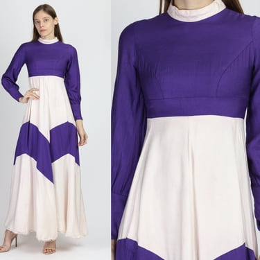 60s 70s Purple White Space Age Maxi Dress - XXS | Vintage Empire Waist A Line Column Gown 