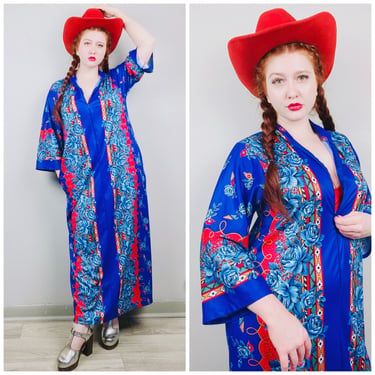 1970s Vintage Tiger Lily Blue Polyester House Dress / 70s / Seventies Zip Front Southwestern Maxi Dress Medium - XL 