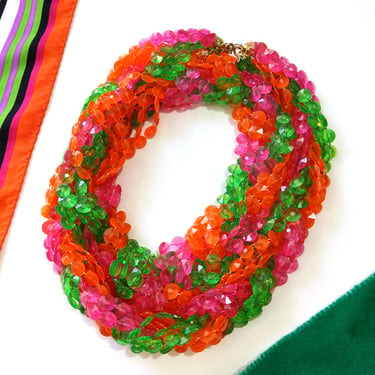 Insane Chunky Major Statement Vintage 60s 70s Pink Green Orange Beaded Braided Necklace 
