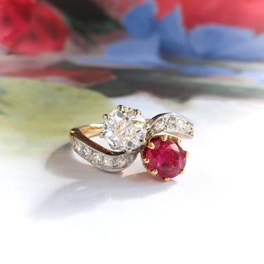Antique Edwardian French Toi et Moi 1.32 ct.t.w. Natural Ruby & Old European Cut Diamond Bypass Ring Platinum 18k 