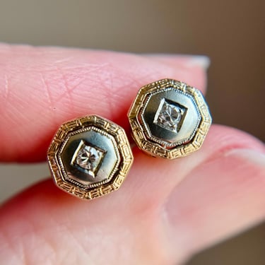 Antique Art Deco 14K Diamond Stud Button Earrings, Estate Matte Mixed Metal 