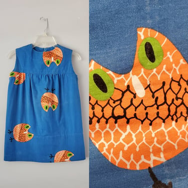 1970s Denim Child's Dress with Owl Print 70's Girl's Dress 70s Girl's Vintage 
