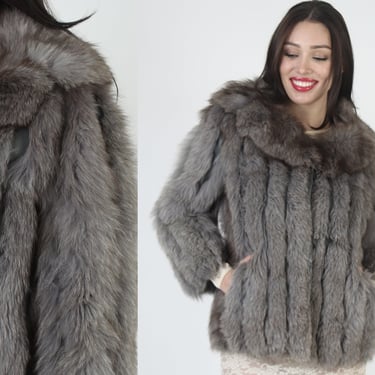 Plush Grey Leather And Real Fox Fur Jacket With Large Roll Collar 