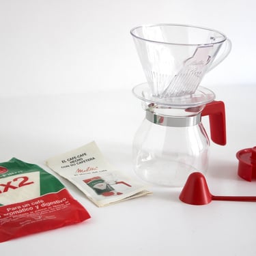 Melitta Good morning 1x2 vintage coffee set with filter, glass jug, spoon and box – red handle (1980s, new old stock) 