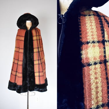 60s bonwit teller plaid faux fur cape coat, plaid wool coat, orange plaid coat, hooded cape, 50s cape, erstwhile style 
