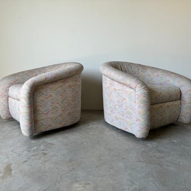 1980's Postmodern Sculptural Barrel Swivel Uphosltered  Lounge Chairs - A Pair 