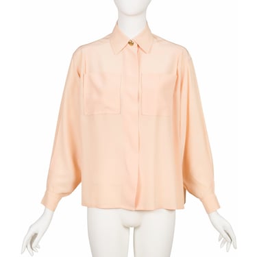 Christian Dior 1980s Vintage Peach Silk Button-Up Collared Blouse 