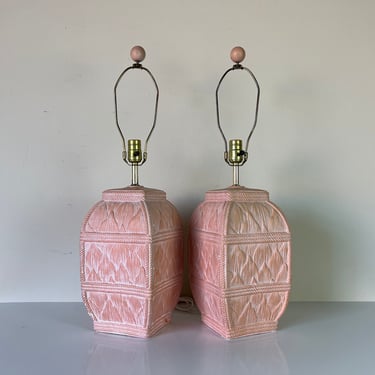 Palm Beach / Hollywood Regency - Style Twisted Cord & Leaf Pattern Table Lamps - a Pair 
