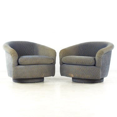 Milo Baughman Style Mid Century Swivel Barrel Lounge Chairs - Pair - mcm 