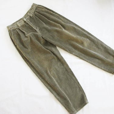 Vintage 90s High Waist Brown Olive Pleated Corduroy Pants 29 - 1990s Wide Wale Womens Cords - Preppy Academia Fall Style 