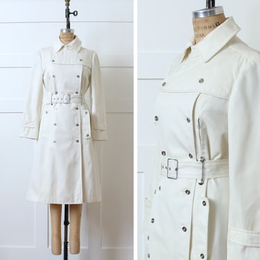 vintage 1960s white trench coat • mod double-breasted belted spy coat with silver chain accents 