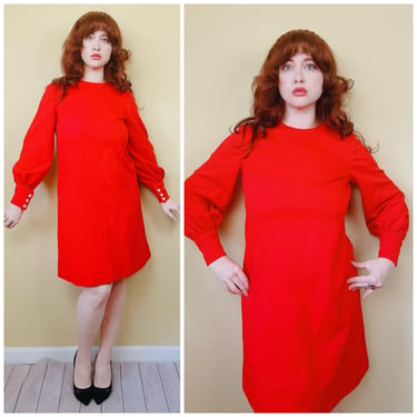 1970s Vintage Red / Orange Knit Shift Dress / 70s Polyester Long Sleeve Mod Dress / XL 