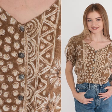 90s Crop Top Brown Floral Button up Blouse Abstract Daisy Flower Striped Dot Zig Zag Print Cropped Shirt Earth Tone Vintage 1990s Medium M 