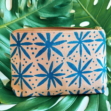 blue floral dots. block printed zipper pouch. makeup bag. pencil case. travel cosmetic. coastal gift for her. PREORDER SHIPS APPX 7/25 
