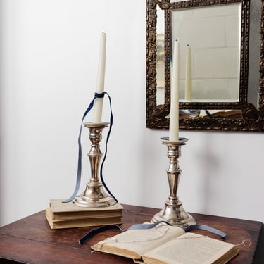 pair of vintage silverplated sheffield candlesticks with removable delft drip trays