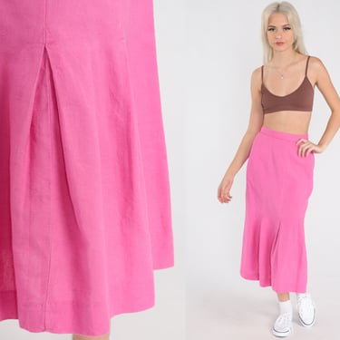 Bright Pink Pleated Skirt 90s Midi High Waist Skirt Preppy Secretary Skirt Formal Lolita Vintage 1990s Plain Cotton Linen Extra Small XS 