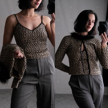 Vintage 90s Lianne Barnes Black & Tan Leopard Fuzzy Knit Tank Top Cardigan Set w/ Feather Collar | Grunge, Pinup | 1990s Designer Sweater 