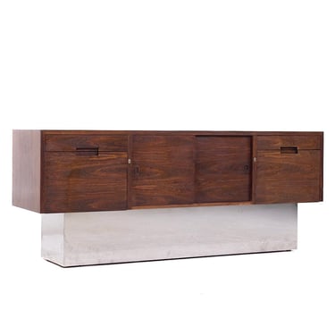 Milo Baughman Style Mid Century Rosewood and Chrome Plinth Credenza - mcm 