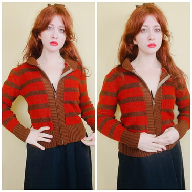 1970s Vintage Acrylic Loop Knit Striped Cardigan / Brown and Red Rockabilly Fitted Sweater / Size Small 