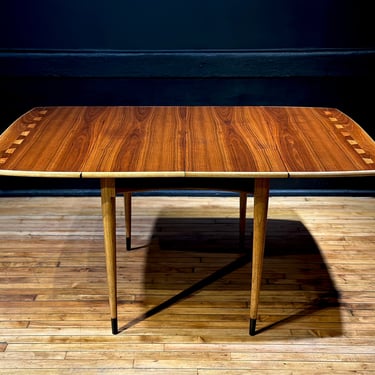 Restored Lane Acclaim Drop Leaf Walnut Dining Table - Mid Century Modern Danish Style Furniture 