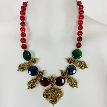 1980s Large Gold Red Green And Blue Statement Necklace 