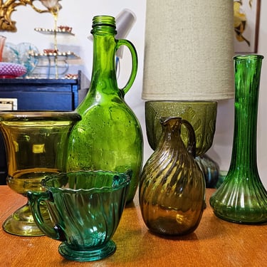 Modern Boho Green Blue Glass Vase Bottle Set Decor Glassware 