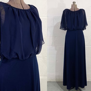 Vintage Navy Blue Maxi Dress 70s 1970s Formal Short Sleeve Blousy Flutter Chiffon Sleeves Gown Prom Wedding Party Cocktail Medium 