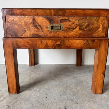 70's Vintage Italian Oyster Burl Walnut Campaign-Style Low Nightstand or Side Table 
