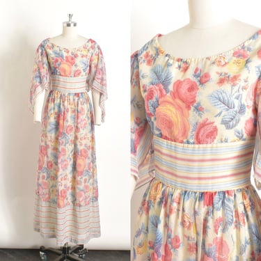 Vintage 1970s Blouse / 70s Floral & Striped Angel Sleeve Maxi Dress / Pink Blue ( XS extra small ) 