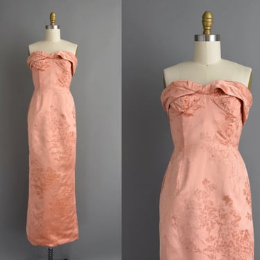 vintage 1950s dress | Outstanding Peach Silk Flocked Mermaid Cocktail Party Wedding Dress | Small | 50s dress 