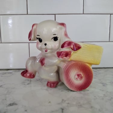 Vintage MCM 1960's Shawnee Ceramic Planter Puppy Pulling Wagon Indoor Planter Indoor Plants 